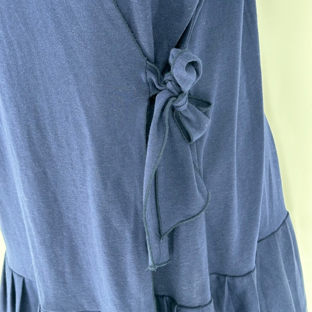 Vtg Navy Blue Wrap Dress Ruffle Hem Short Sleeve Tie Waist V Neck L union made - Picture 3 of 9